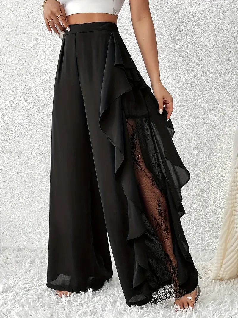 Dorice - Elegantes pantalones anchos con ribete de encaje.