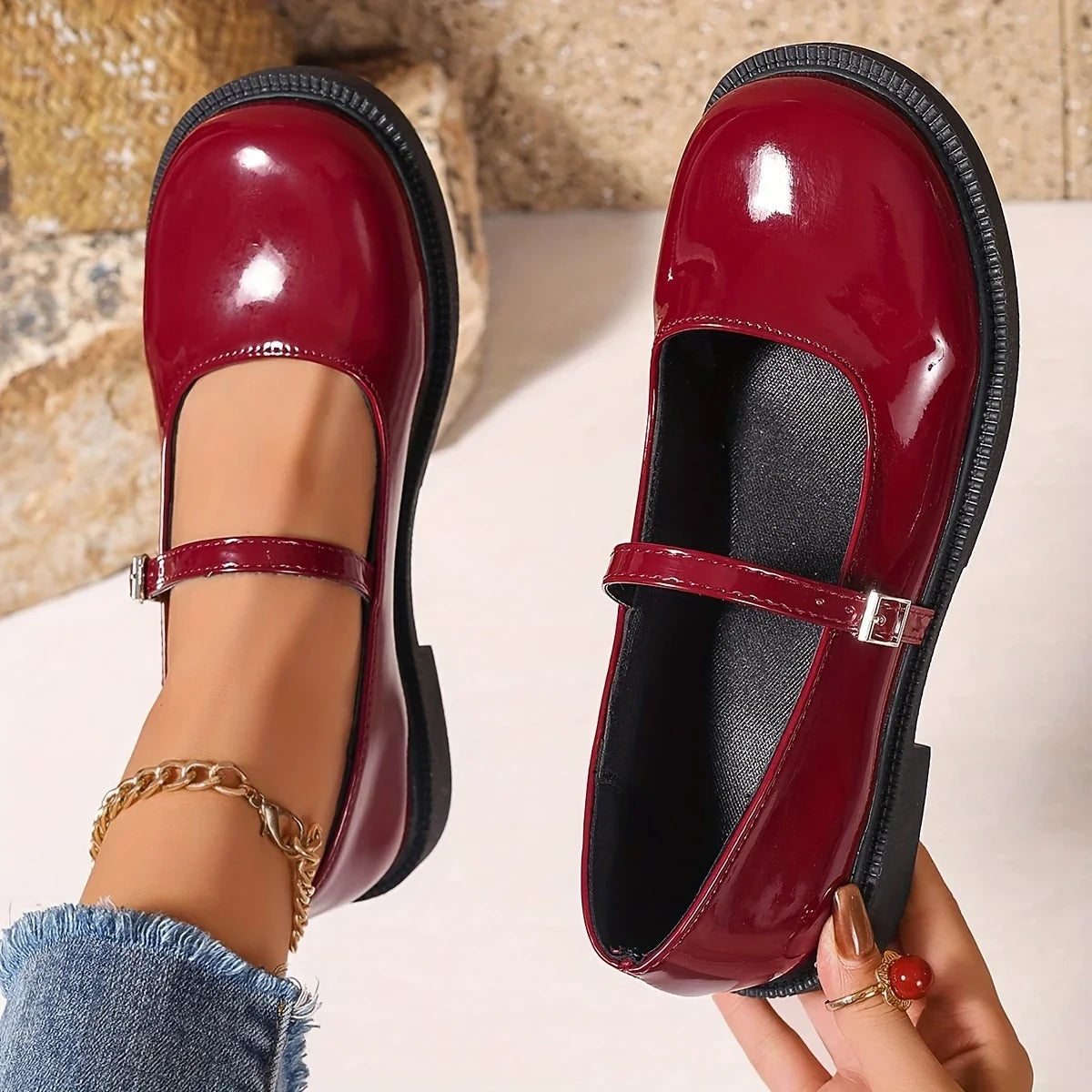 Mary Jane - Zapatos de cuero con punta redonda y sin cordones para mujer