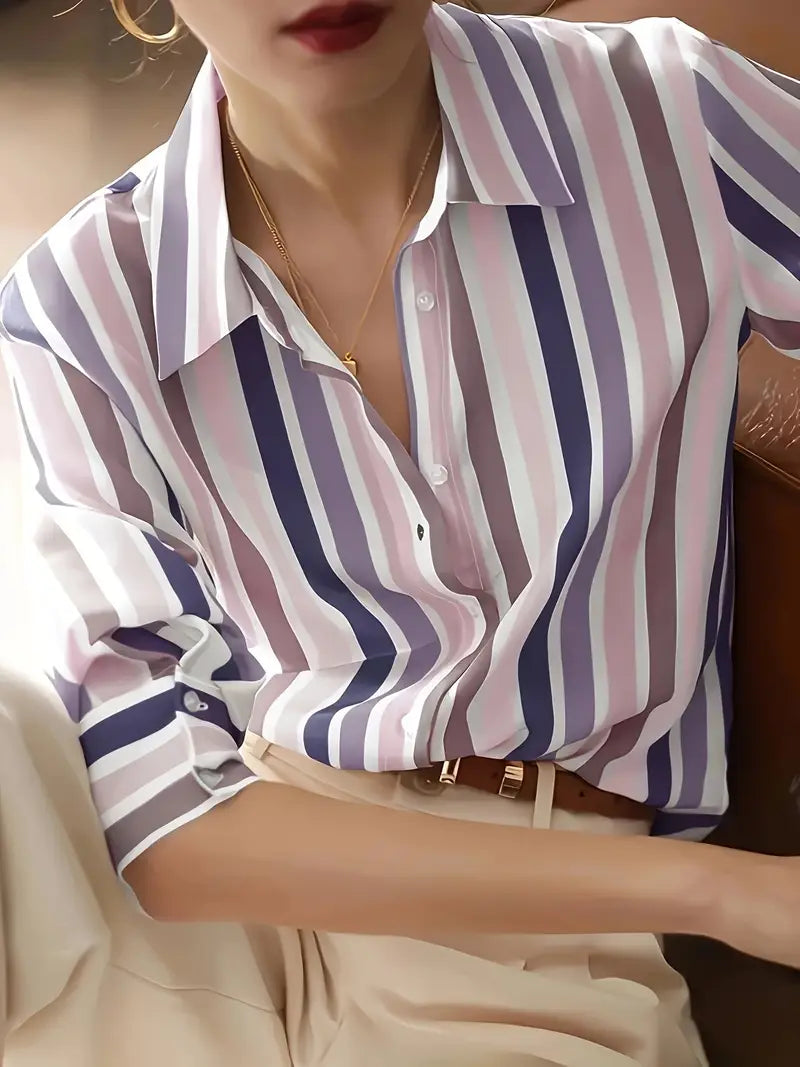 Dovie - Camisa casual de botones a rayas para mujer