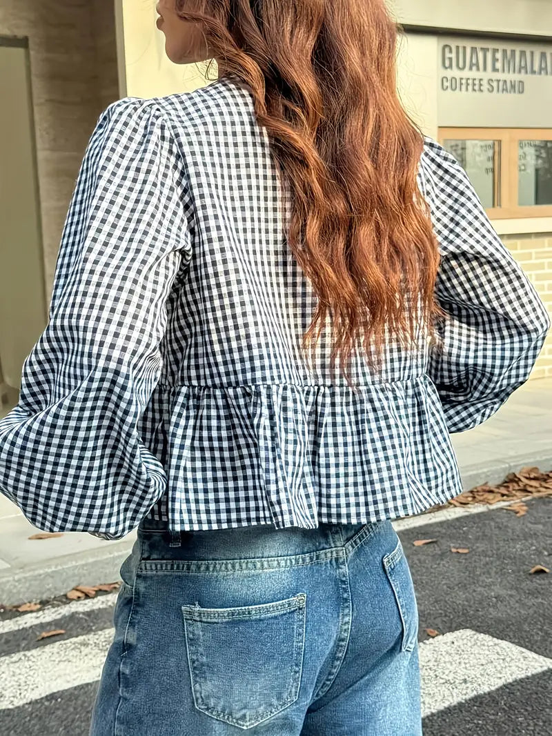 Permelia - Top vintage de manga larga con burbujas y cuadros