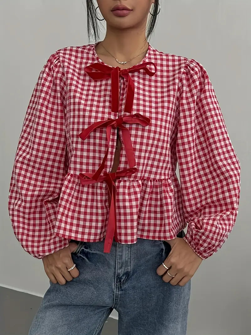 Permelia - Top vintage de manga larga con burbujas y cuadros
