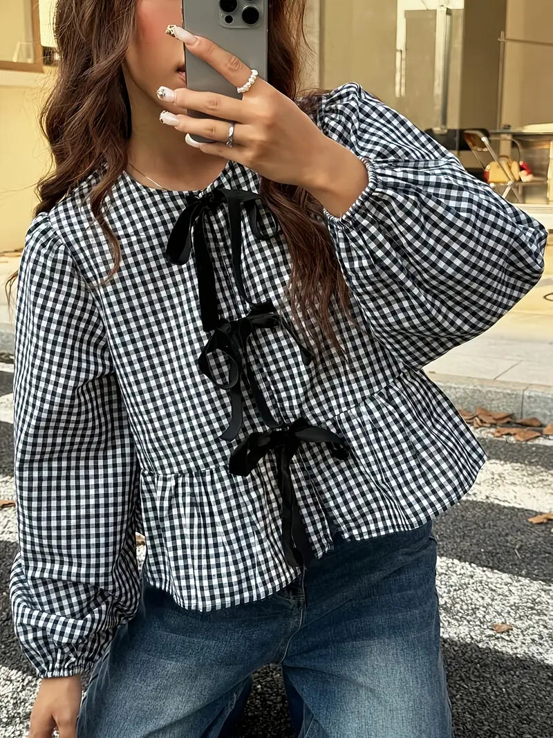 Permelia - Top vintage de manga larga con burbujas y cuadros