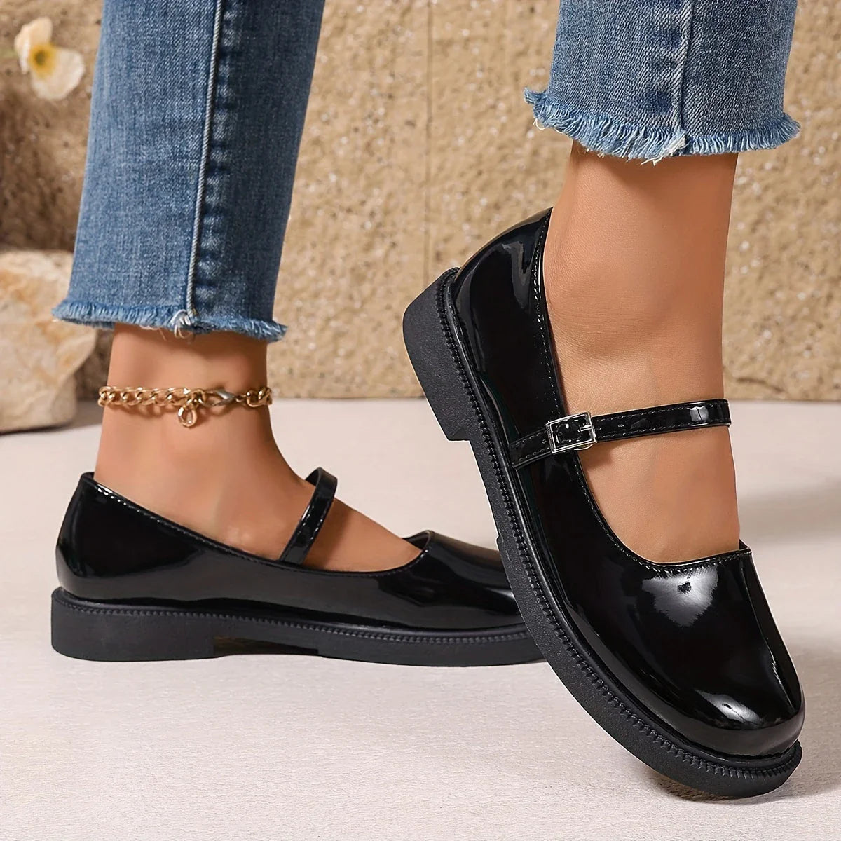 Mary Jane - Zapatos de cuero con punta redonda y sin cordones para mujer