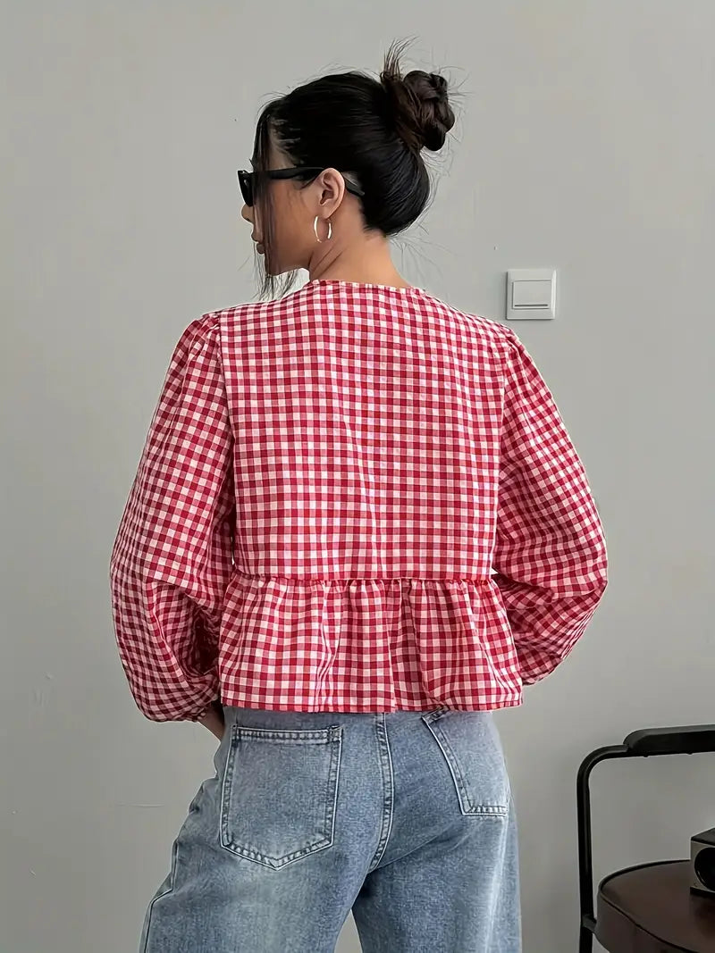 Permelia - Top vintage de manga larga con burbujas y cuadros