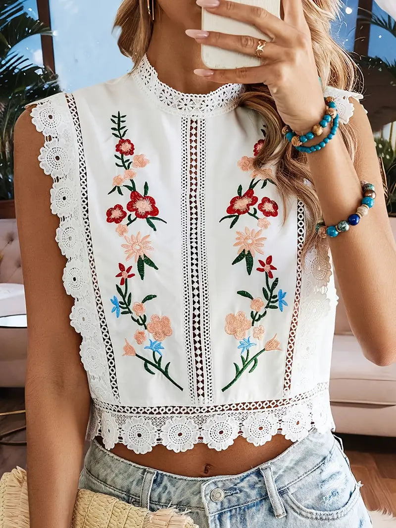 Flora - Camisa de patchwork sin mangas con bordado floral para mujer