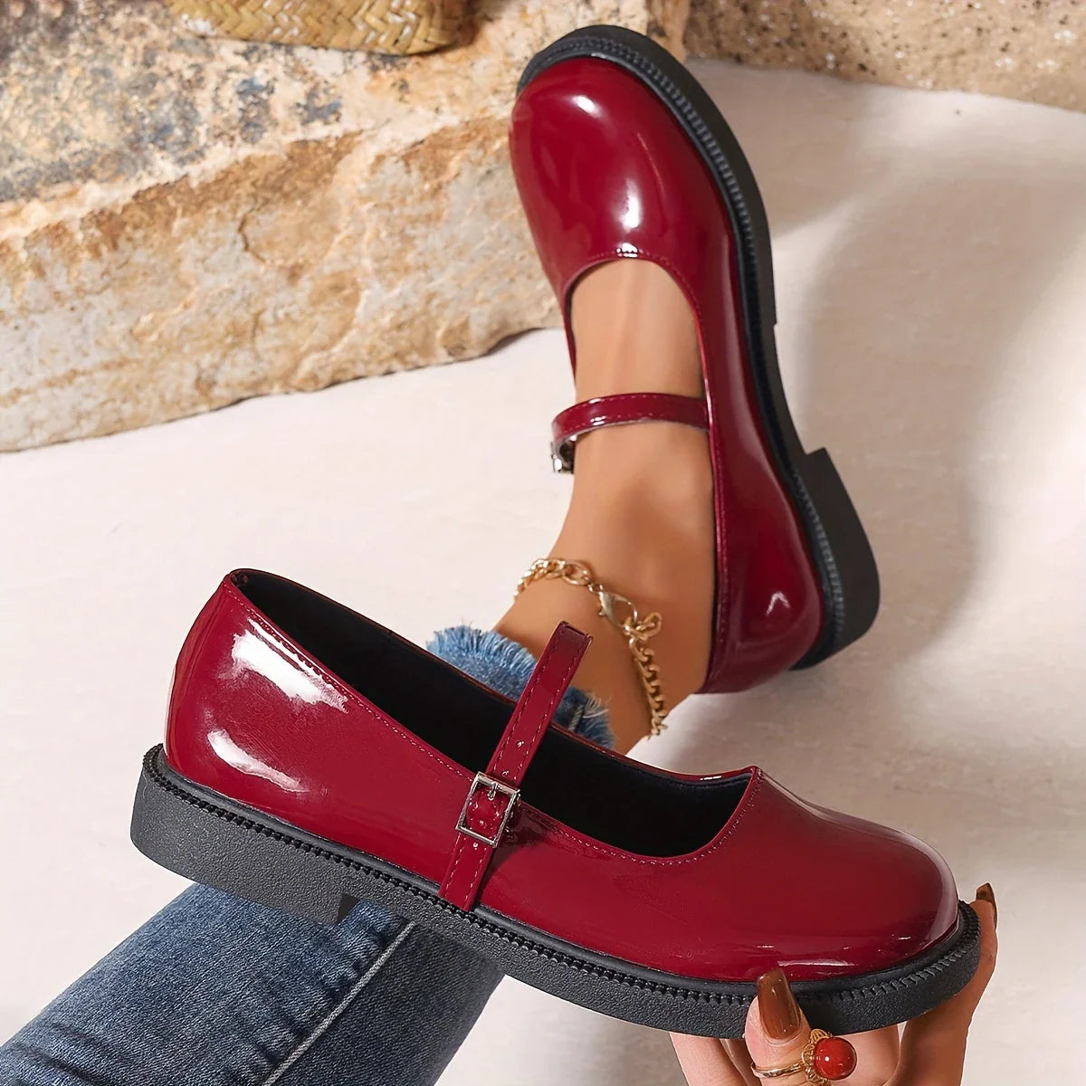 Mary Jane - Zapatos de cuero con punta redonda y sin cordones para mujer