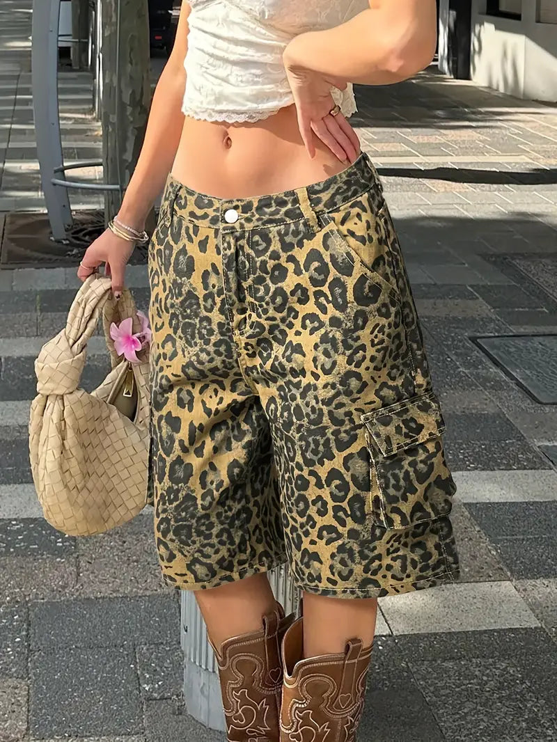 Norie - Shorts vaqueros con estampado de leopardo para mujer
