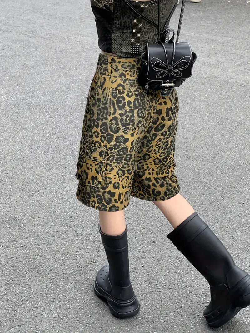 Norie - Shorts vaqueros con estampado de leopardo para mujer