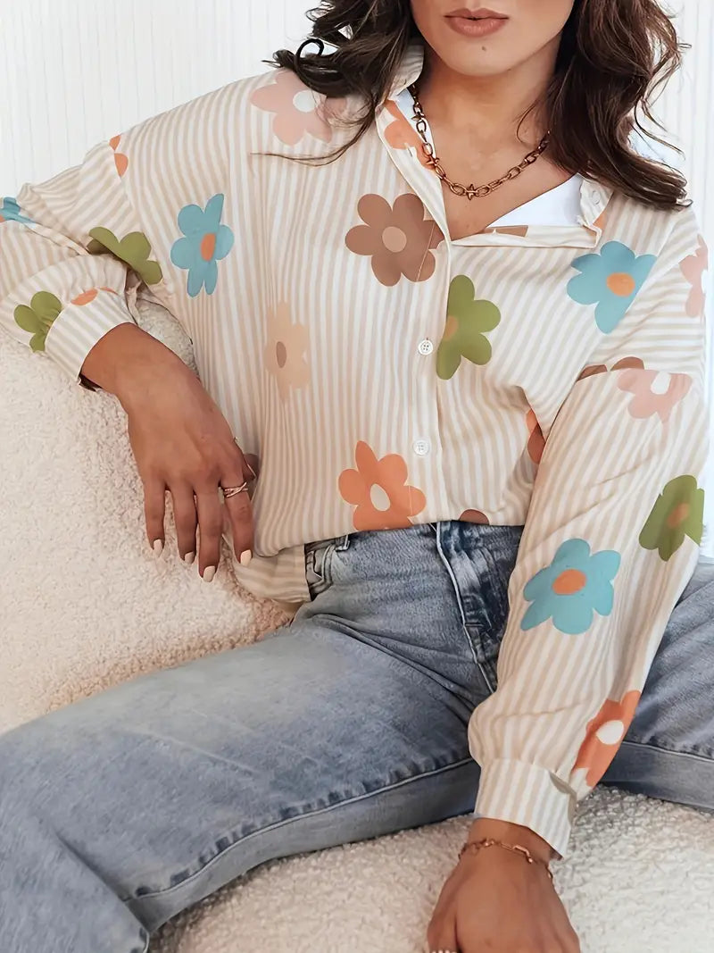 Malvina - Camisa elegante abotonada con estampado floral y rayas.