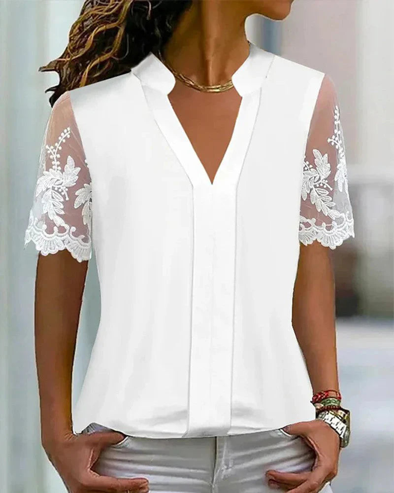 Top sencillo de encaje patchwork con mangas cortas