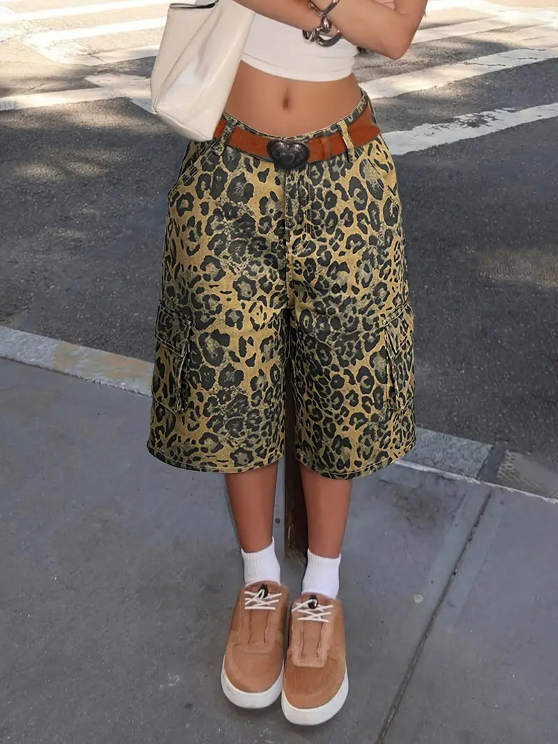 Norie - Shorts vaqueros con estampado de leopardo para mujer