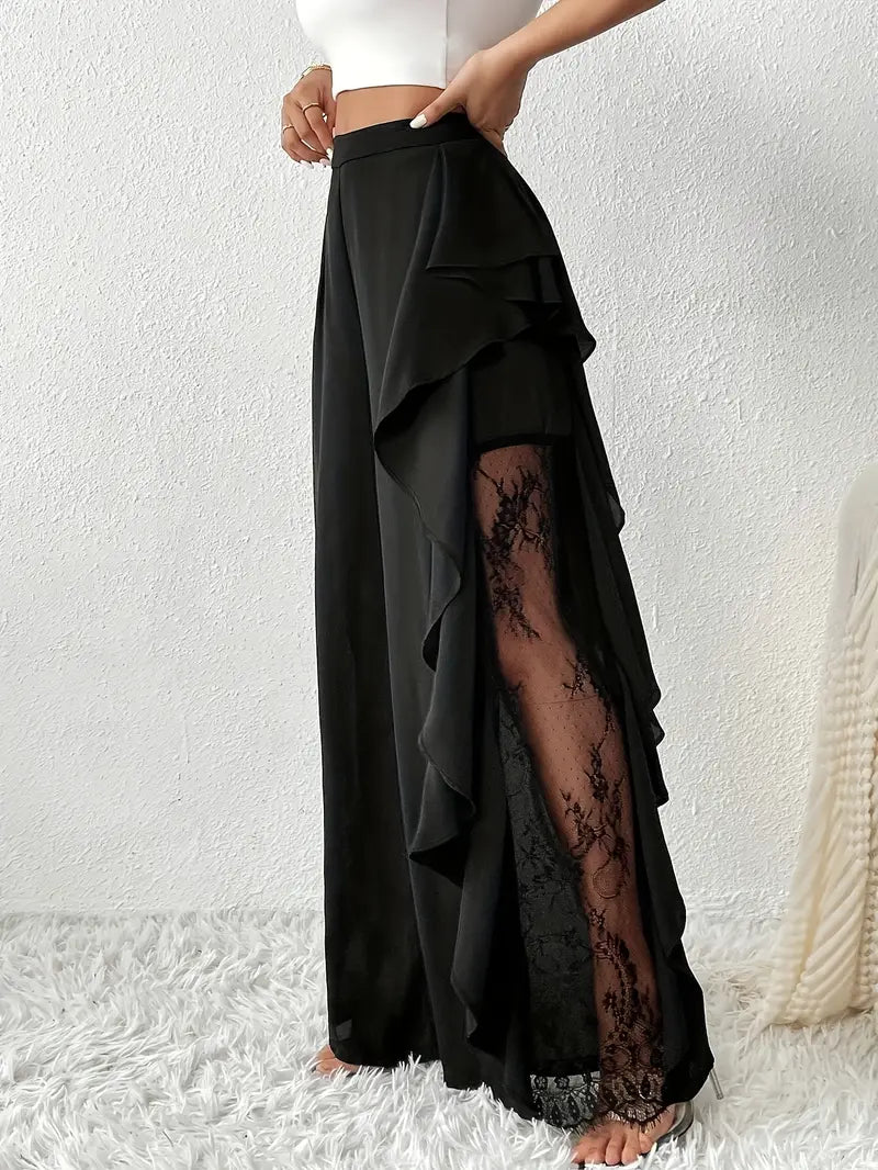 Dorice - Elegantes pantalones anchos con ribete de encaje.