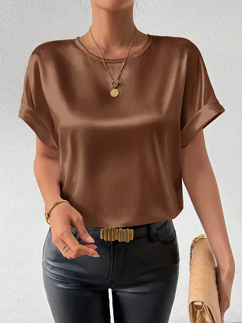 Vallie - Camisa de manga corta con cuello redondo y murciélago para mujer