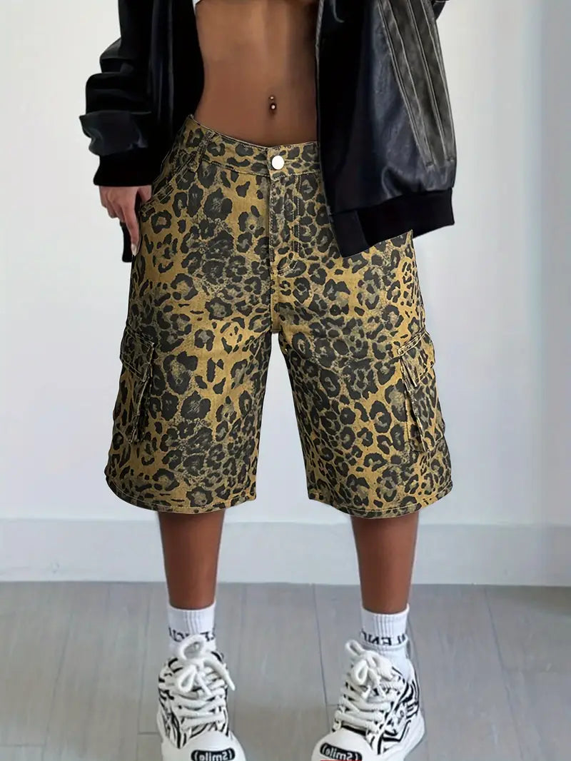 Norie - Shorts vaqueros con estampado de leopardo para mujer