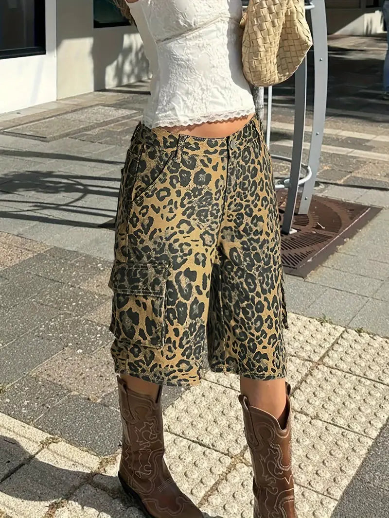 Norie - Shorts vaqueros con estampado de leopardo para mujer