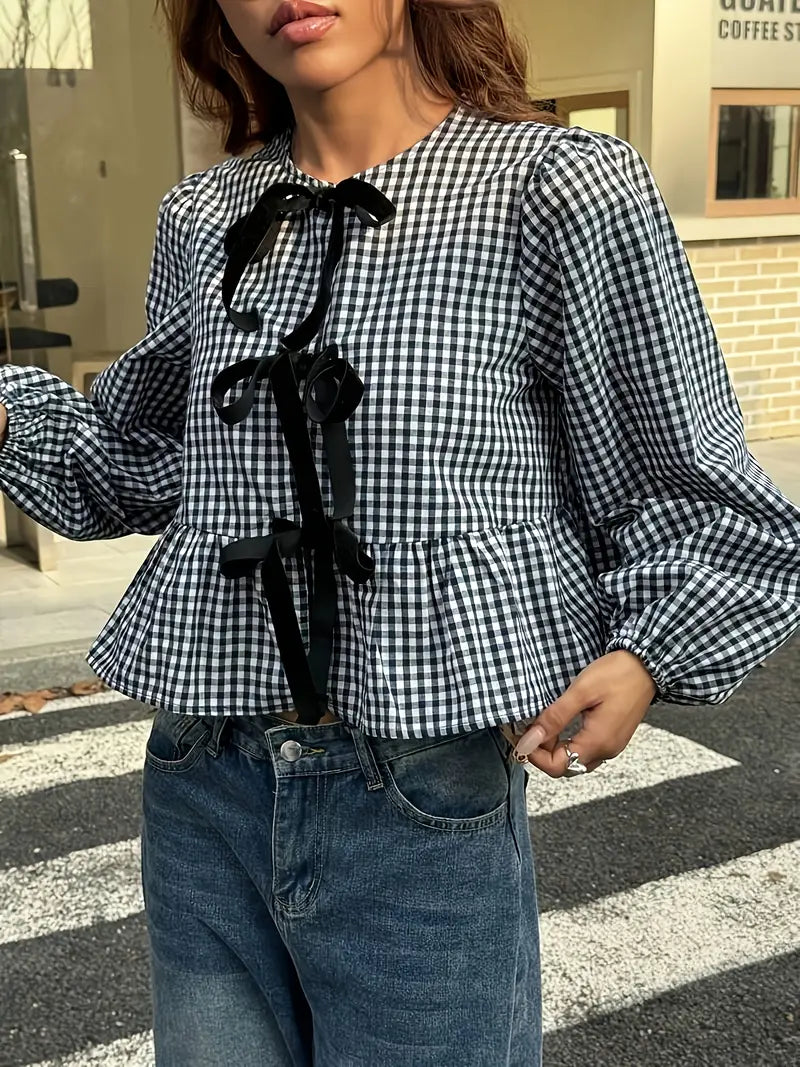 Permelia - Top vintage de manga larga con burbujas y cuadros