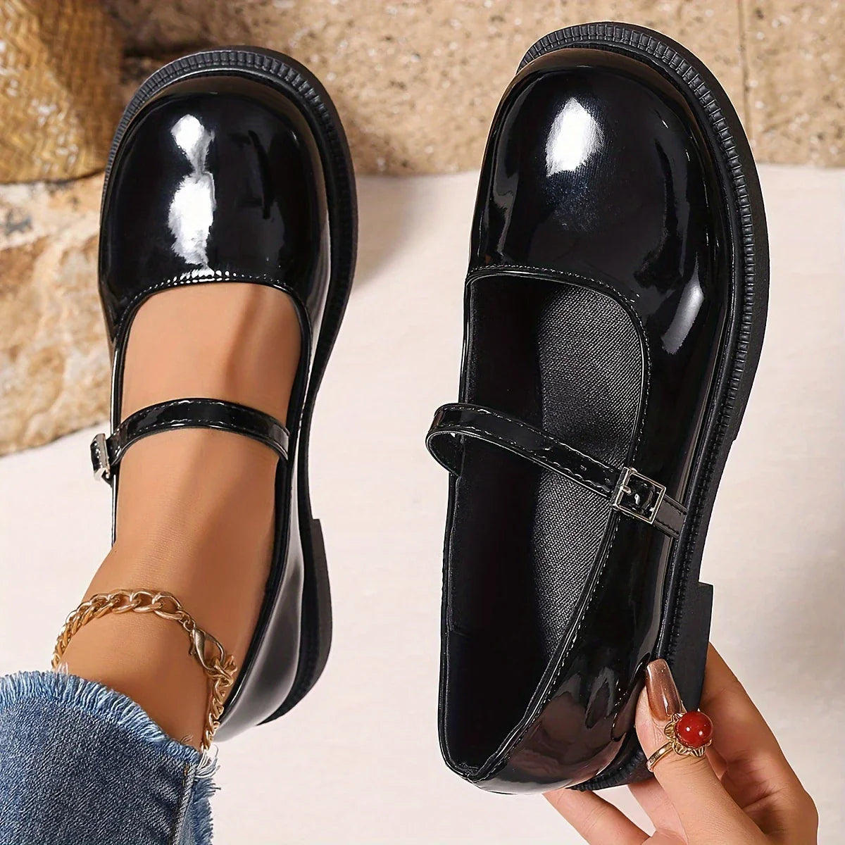 Mary Jane - Zapatos de cuero con punta redonda y sin cordones para mujer