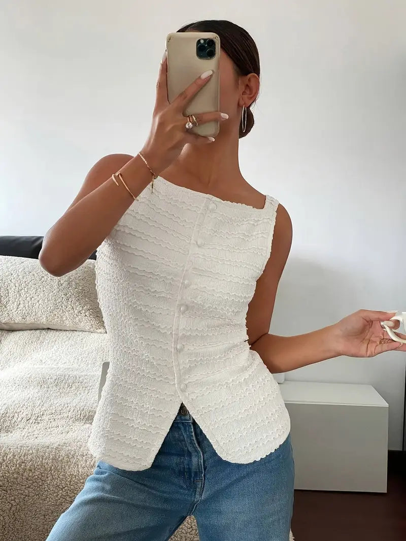 Carsie - Blusa elegante sin mangas con botones para mujer