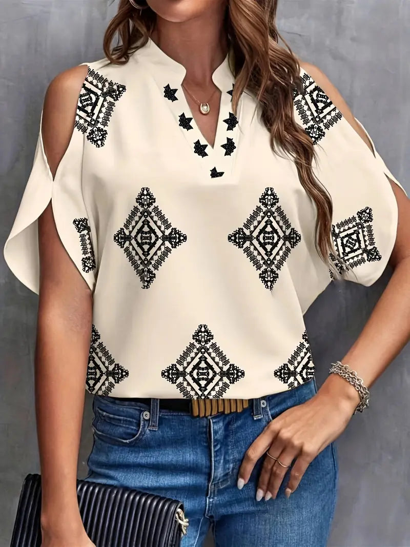 Eudocia - Elegante blusa de hombros descubiertos con estampado geométrico para mujer