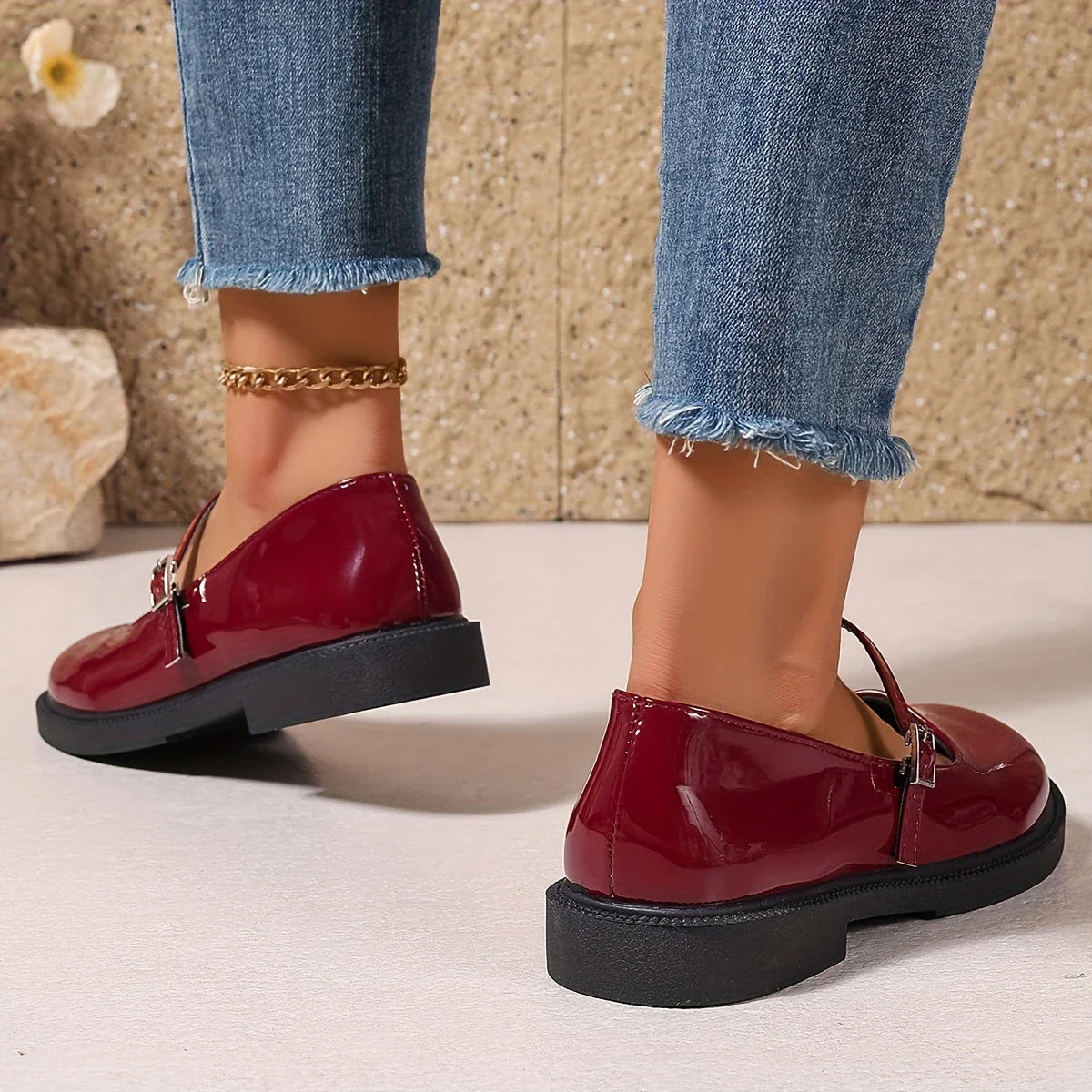 Mary Jane - Zapatos de cuero con punta redonda y sin cordones para mujer