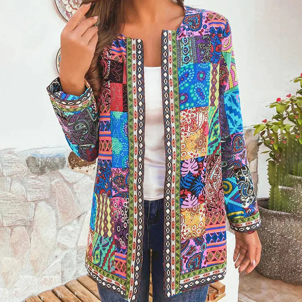 Rowena - Chaqueta de algodón de manga larga con estampado floral étnico vintage para mujer