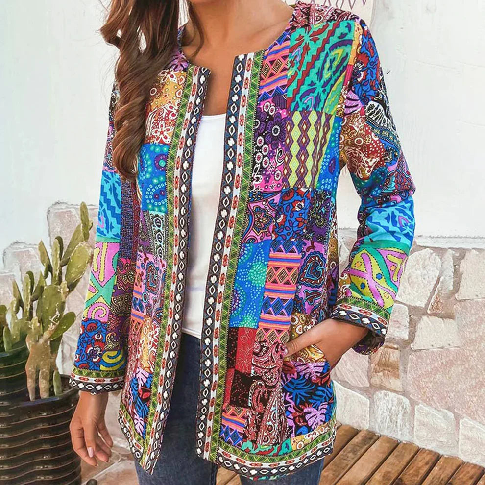 Rowena - Chaqueta de algodón de manga larga con estampado floral étnico vintage para mujer