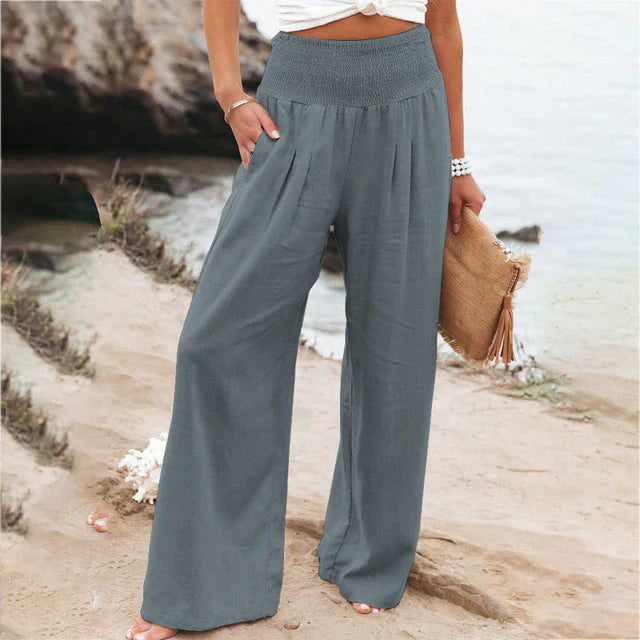 Margaret - Pantalones de algodón y lino de cintura alta