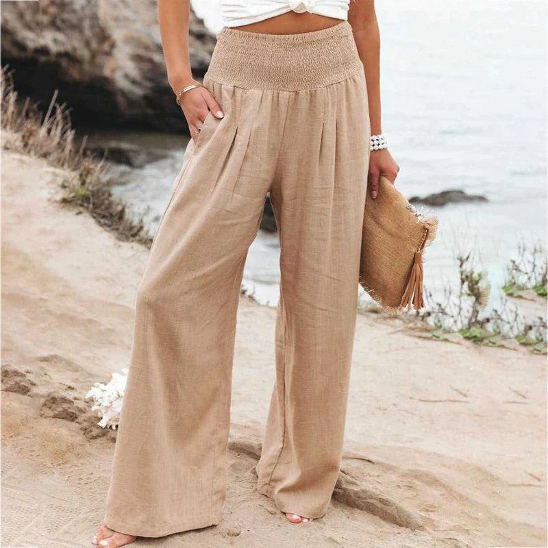 Margaret - Pantalones de algodón y lino de cintura alta