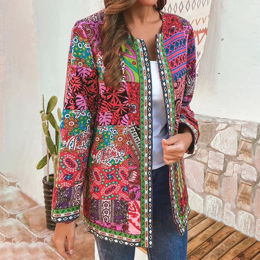 Rowena - Chaqueta de algodón de manga larga con estampado floral étnico vintage para mujer