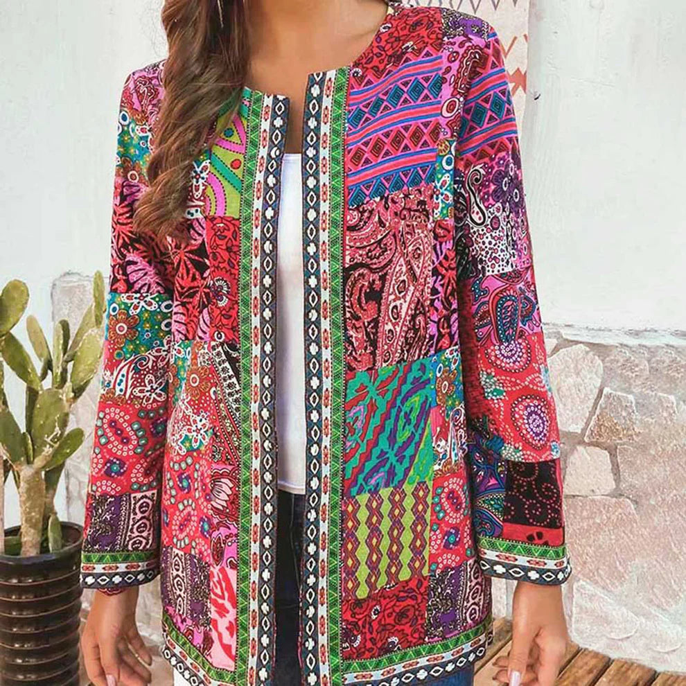 Rowena - Chaqueta de algodón de manga larga con estampado floral étnico vintage para mujer