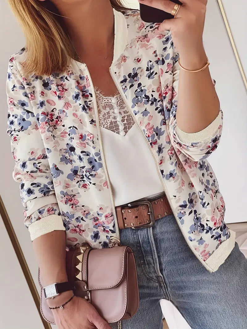 Yori – Casual Floral Print Cremallera Chaqueta Bomber para Mujer