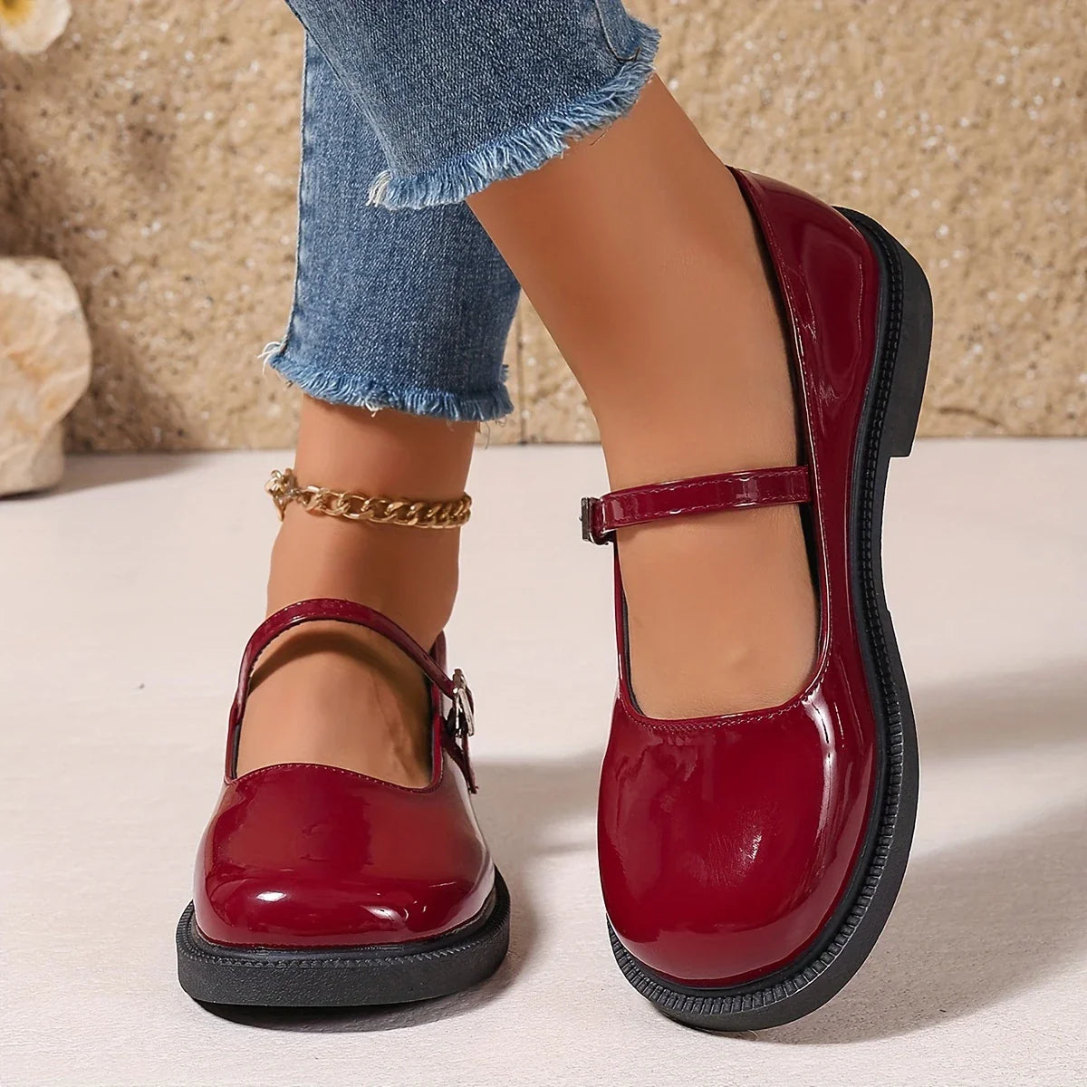 Mary Jane - Zapatos de cuero con punta redonda y sin cordones para mujer
