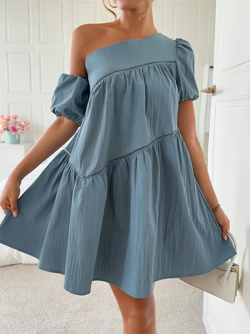 Cressida - Elegante vestido asimétrico con volantes y mangas cortas para mujer.