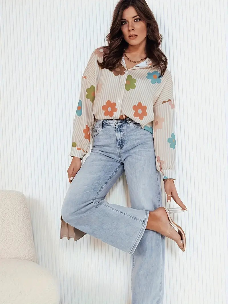 Malvina - Camisa elegante abotonada con estampado floral y rayas.