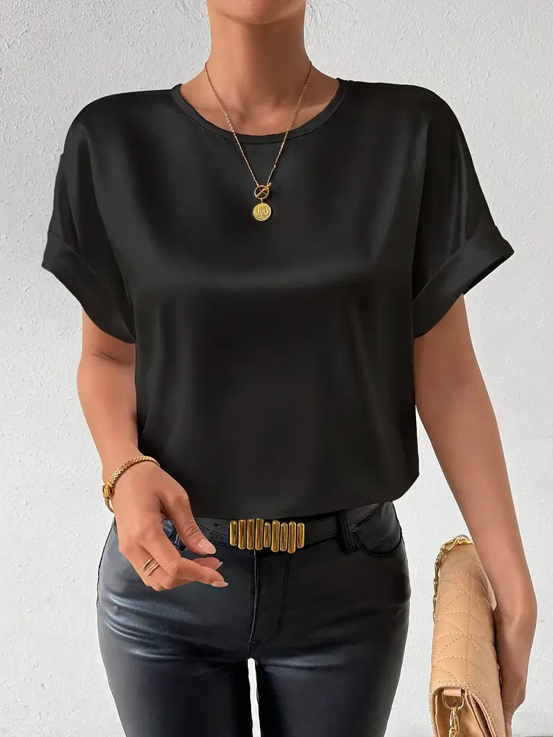Vallie - Camisa de manga corta con cuello redondo y murciélago para mujer