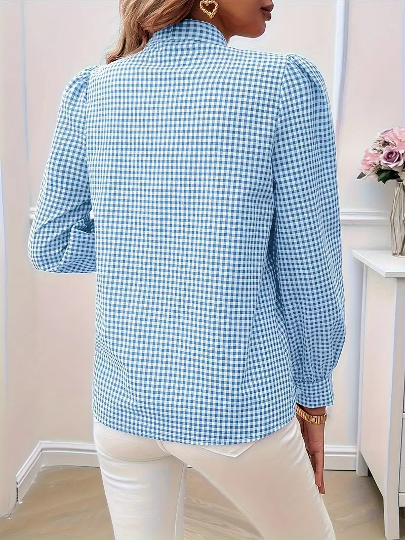 Celestia - Elegante blusa de cuadros con pajarita