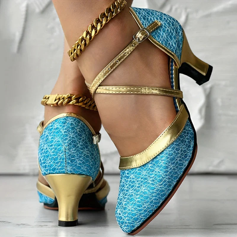 Marietta - Zapatos de tacón medio grueso con correa de hebilla entrecruzada