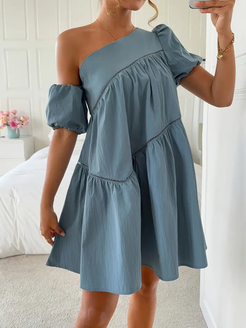 Cressida - Elegante vestido asimétrico con volantes y mangas cortas para mujer.