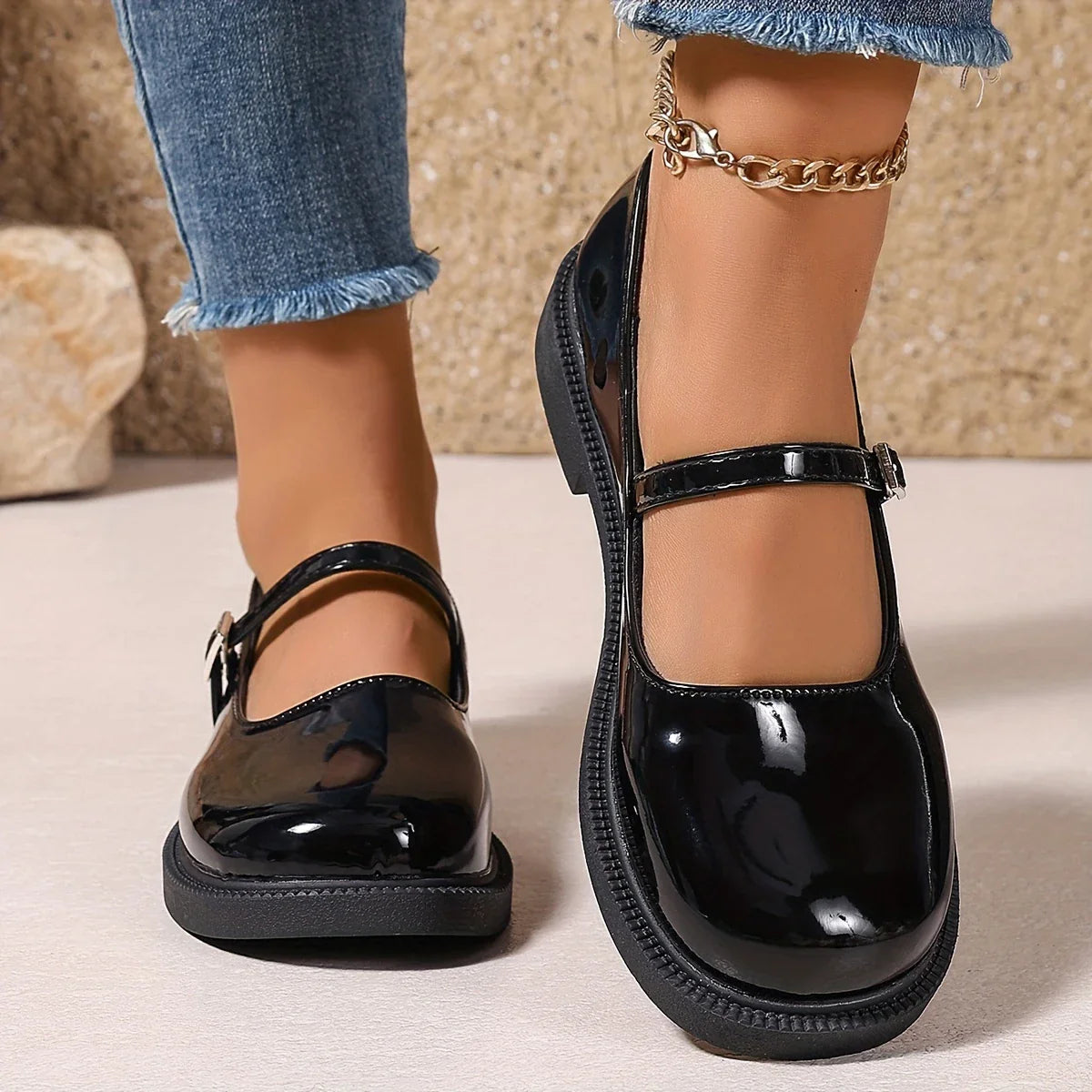 Mary Jane - Zapatos de cuero con punta redonda y sin cordones para mujer