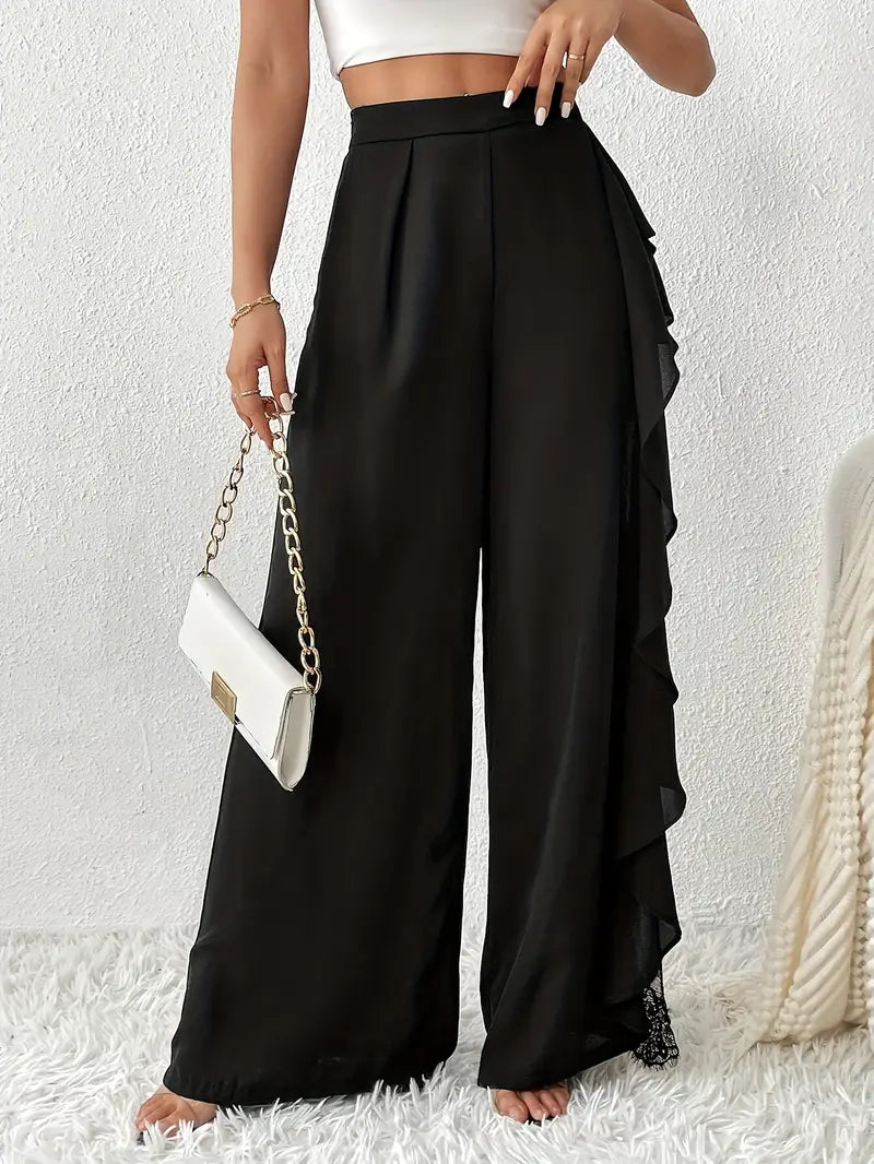 Dorice - Elegantes pantalones anchos con ribete de encaje.