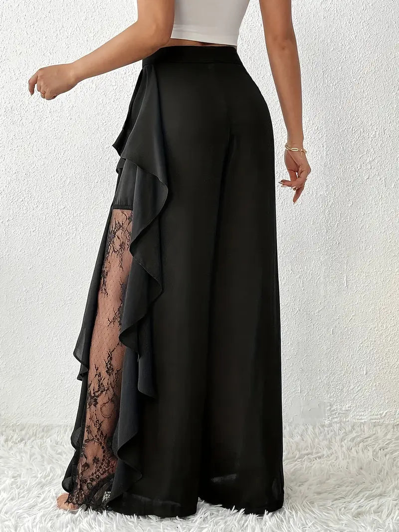 Dorice - Elegantes pantalones anchos con ribete de encaje.