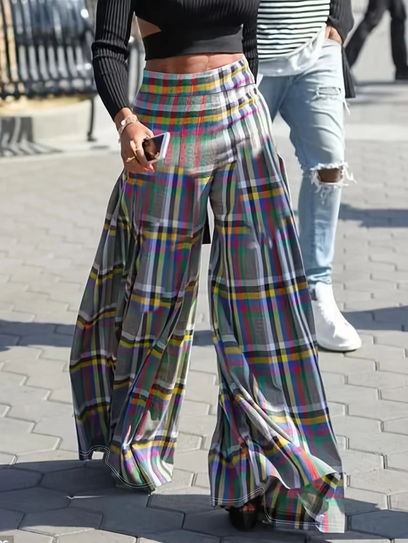 Almeda - Pantalones anchos de cuadros para mujer