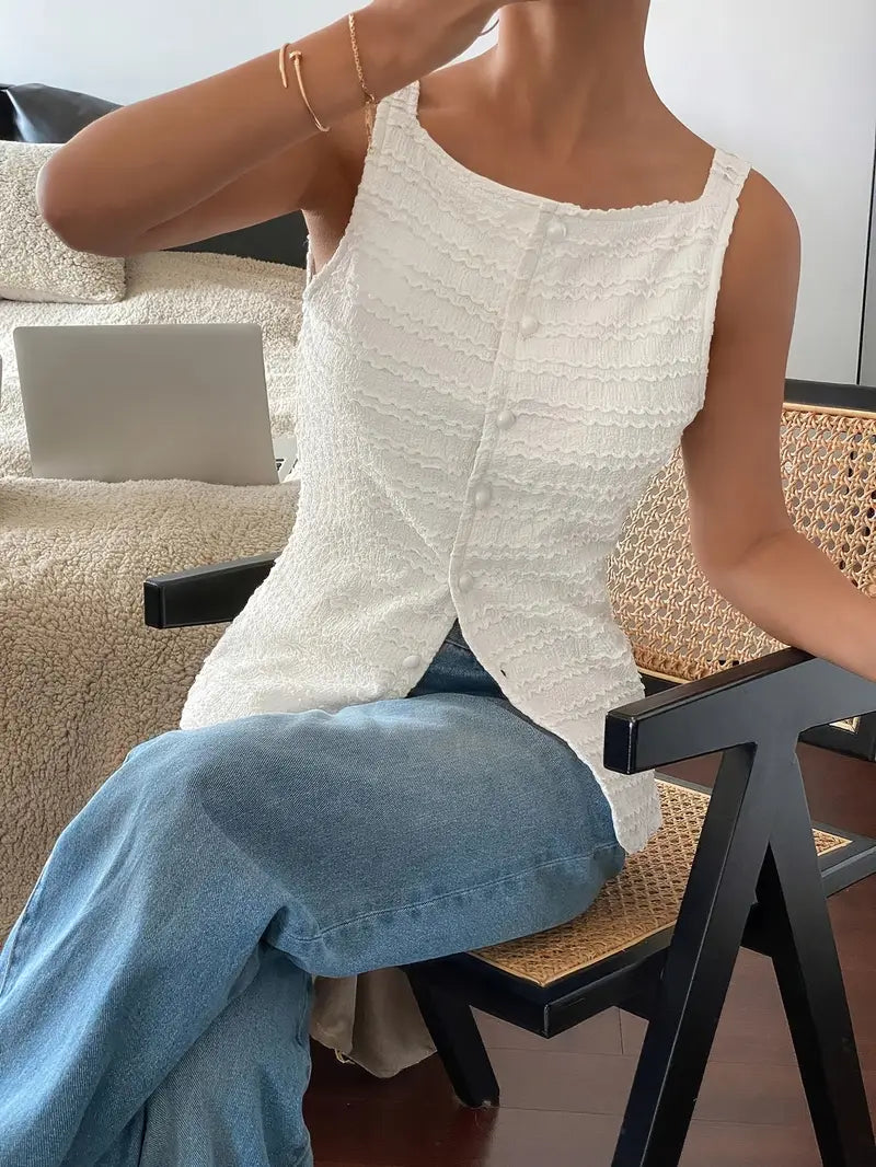 Carsie - Blusa elegante sin mangas con botones para mujer