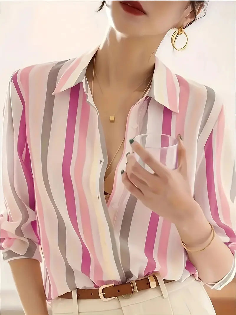 Dovie - Camisa casual de botones a rayas para mujer