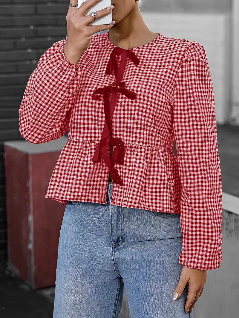 Permelia - Top vintage de manga larga con burbujas y cuadros