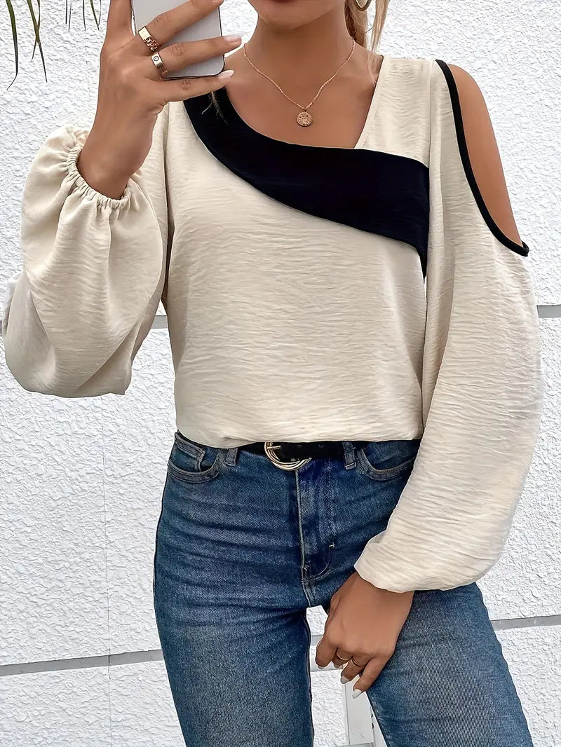 Lula - Blusa de manga larga con hombros descubiertos y bloques de color