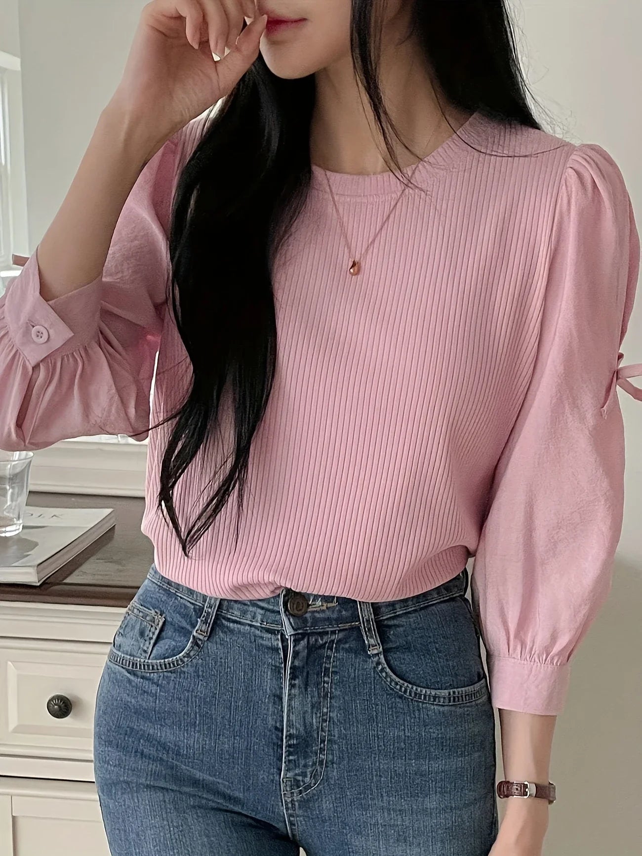 Corliss - Blusa de mujer de manga larga con detalle de lazo