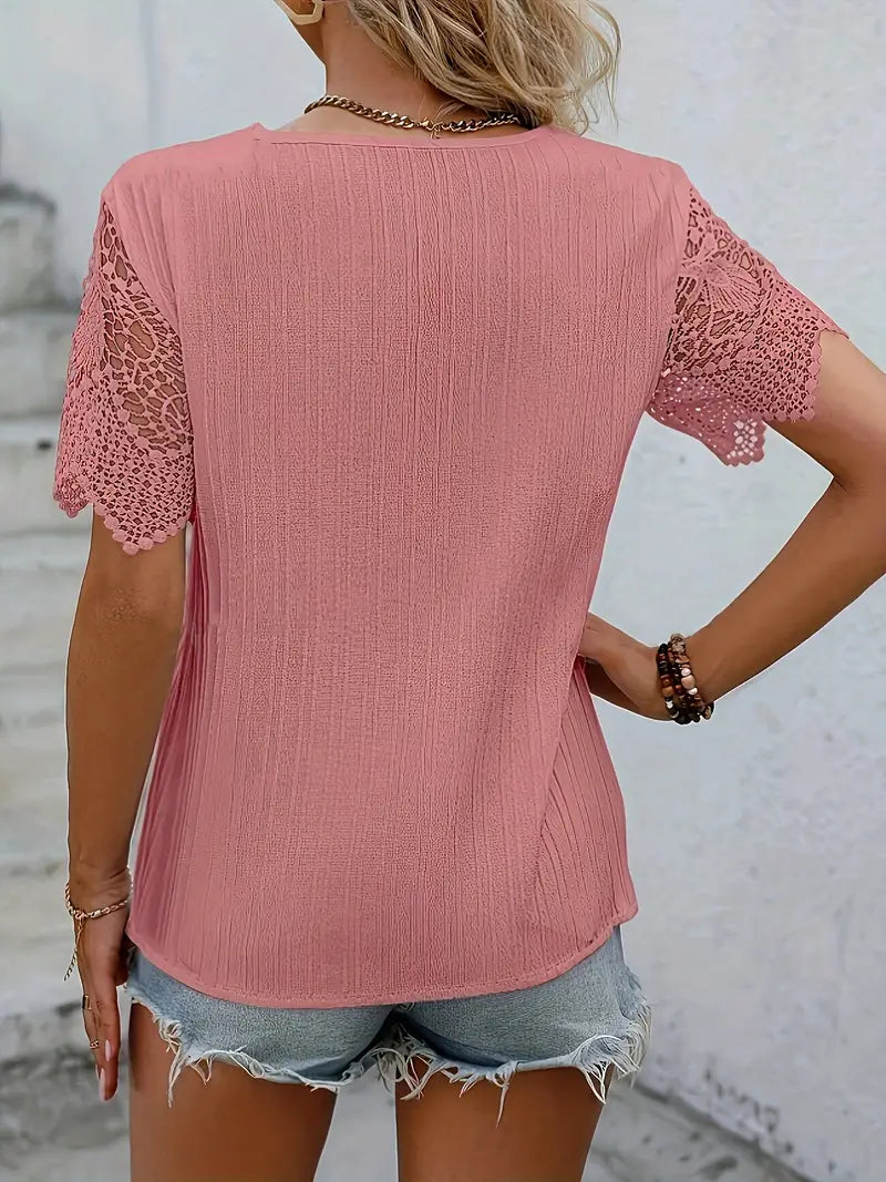 Philippa - Blusa de manga corta con escote en pico y encaje en contraste