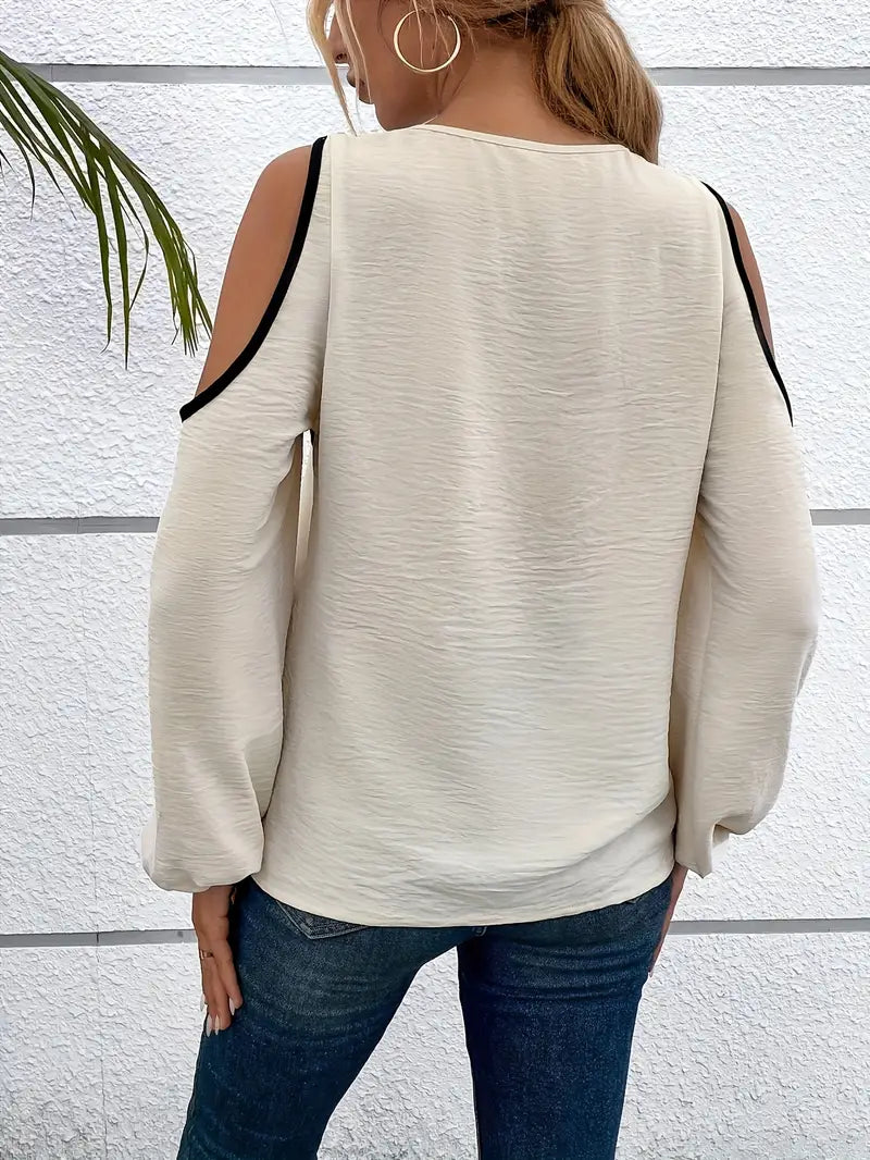 Lula - Blusa de manga larga con hombros descubiertos y bloques de color