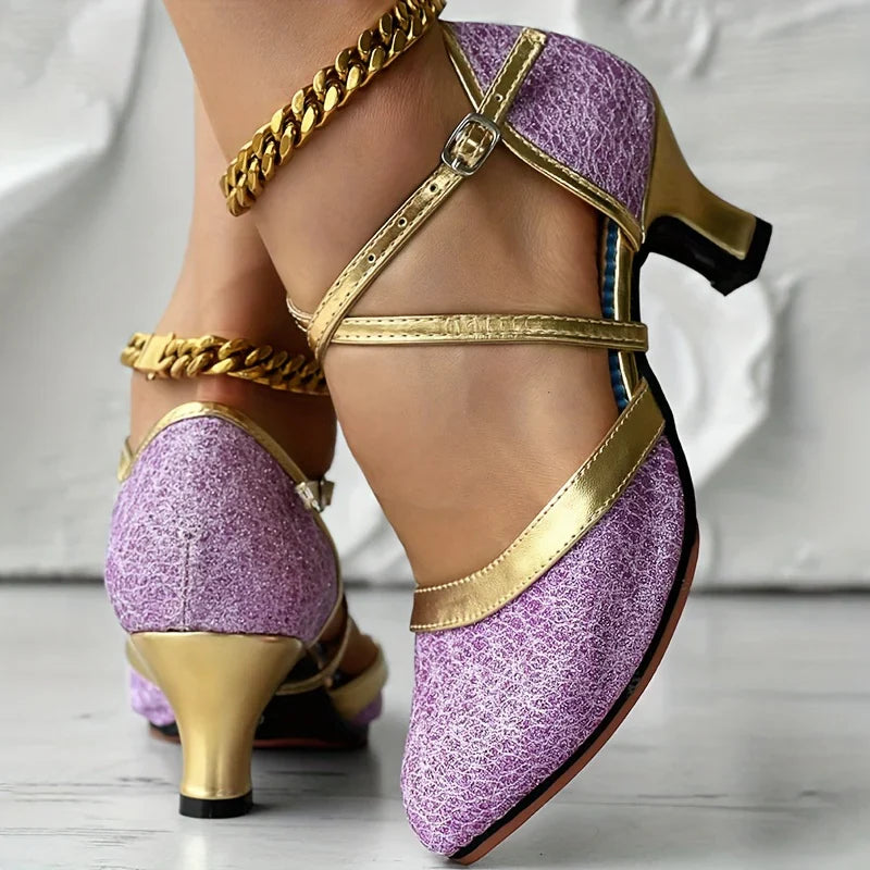 Marietta - Zapatos de tacón medio grueso con correa de hebilla entrecruzada
